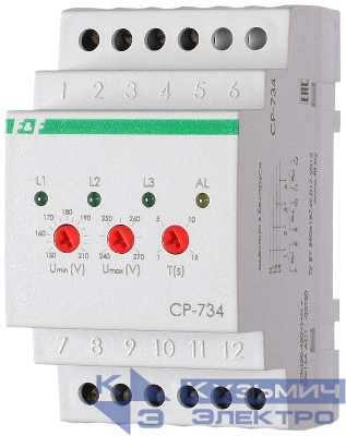 Реле напряжения CP-734 (трехфазное; контроль нижнего (150-210В) и верхнего (240-270В) порога напряжения; отдельный контакт на каждую фазу; монтаж на DIN-рейке 35мм 3х400/230 N 3х8А 3х1R IP20) F&F EA04.009.007