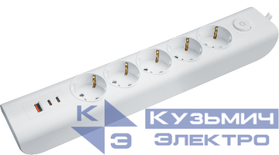 Удлинитель 3х5м 2хUSB-C + USB-A с заземл. с выкл. 95 692 NPE-USB06-05-500-ESC-3X1-PD20W бел. NAVIGATOR 95692