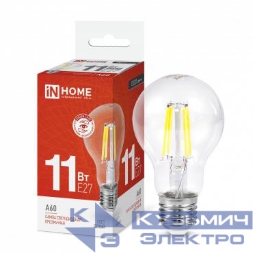 Лампа светодиодная LED-A60-deco 11Вт грушевидная прозрачная 4000К нейтр. бел. E27 1160лм 230В IN HOME 4690612026145