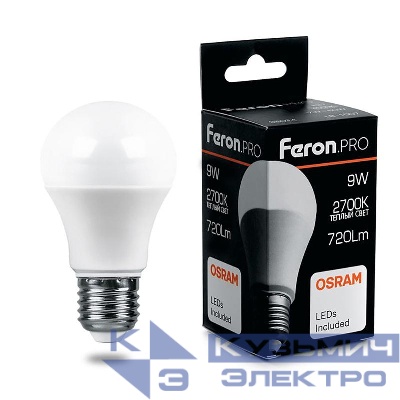 Лампа светодиодная LB-1009 9Вт A60 грушевидная 2700К E27 230В FERON 38026