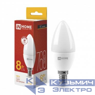 Лампа светодиодная LED-СВЕЧА-VC 8Вт свеча 3000К тепл. бел. E14 760лм 230В IN HOME 4690612020426