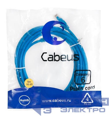 Патч-корд U/UTP кат.6 PC-UTP-RJ45-Cat.6-5m-BL 2xRJ45/8p8c неэкранир. PVC 5м син. Cabeus 8681c