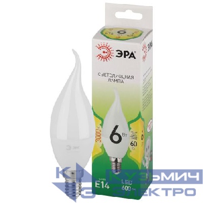 Лампа светодиодная GREEN LINE BXS-6W-830-E14 GL 6Вт свеча на ветру 3000К свет тепл. E14 Эра Б0067119