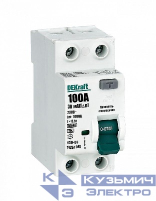 Выключатель дифференциального тока (УЗО) 2п 100А 30мА тип A 6кА УЗО-03 DEKraft 14267DEK