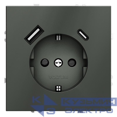 Розетка 1-м СП S70 16А с USB A+С с заземл. защ. шторки механизм титан Voltum VLS040506