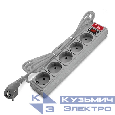 Удлинитель с сетевым фильтром 5х3м 10А IP21 ПВС 3х0.75 сер. Союз 1329