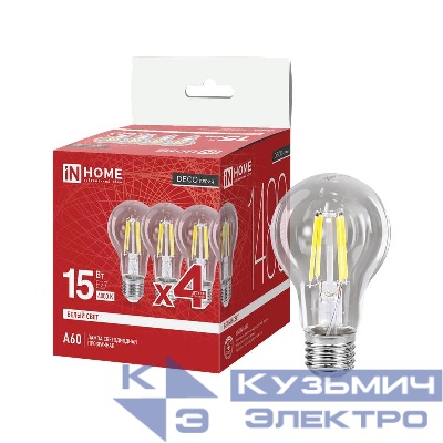 Лампа светодиодная LED-A60-deco 4PACK 15Вт прозрачная 4000К E27 1480лм 230В (уп.4шт) IN HOME 4690612063218