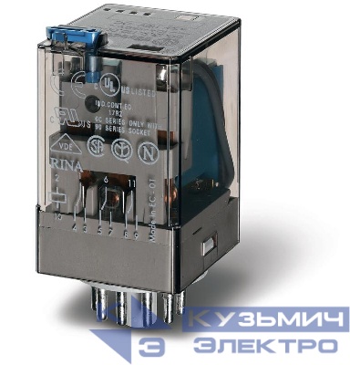 Реле универсальное электромеханич. монтаж в розетку 11-штырьковый разъем 3CO 10А AgNi + Au 24В DC RTI опции: кнопка тест + диод + LED FINDER 601390245070