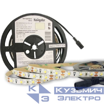 Лента светодиодная 71 402 NLS-3528WW60-4.8 IP20 12B R5 4.8Вт/м (уп.5м) Navigator 71402