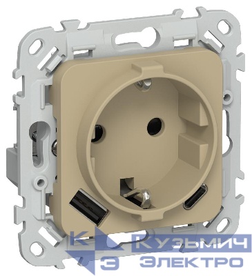 Розетка 1-м СП FLITE РСЮшс11-1-ФлХ 16А с USB A+C 20Вт с заземл. с защ. шторками безвинтовое крепление механизм хаки IEK FI-R14-16-1-U22-020-K59