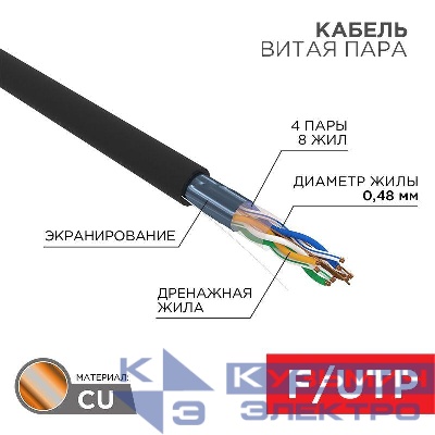 Кабель витая пара F/UTP кат.5e 4х2х24AWG solid PE OUTDOOR медь наружн. прокл. черн. (м) PROCONNECT 01-0154