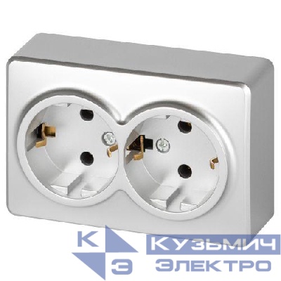 Розетка 2-м ОП Эксперт 11-2205-03 16А IP20 250В 2х2P+E Schuko с заземл. алюм. Эра Б0063046