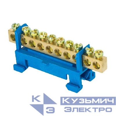 Шина нулевая N 6х9 10 отверстий синий изолятор тип "Стойка" на DIN-рейку латунь PROxima EKF sn0-63-10-sb