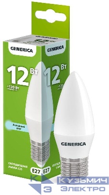 Лампа светодиодная C35 12Вт свеча 6500К E27 230В GENERICA LL-C35-12-230-65-E27-G