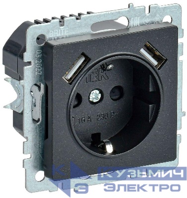 Розетка BRITE РЮш10-2-БрЧ 16А с USB A+A 3.1А с заземл. защ. шторки механизм черн. IEK BR-R14-16-U21-D31-K02