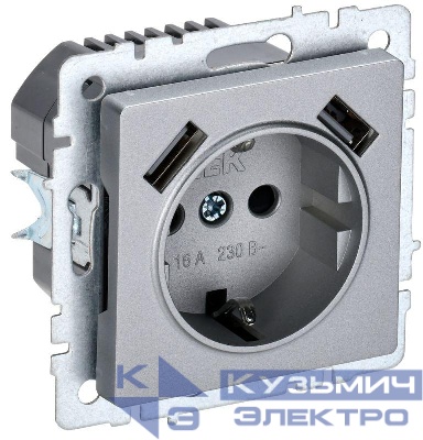 Розетка BRITE РЮш10-1-БрА 16А с USB A+A 2.1А с заземл. защ. шторки механизм алюм. IEK BR-R14-16-U21-D21-K47