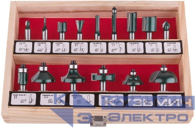 Фрезы по дереву кромочные набор 15шт деревянный бокс хвостовик 8мм (уп.15шт) FIT 36579