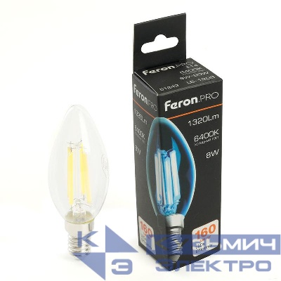 Лампа светодиодная LB-1208 8Вт C35 свеча прозрачная 6400К E14 1320лм 175-265В FERON 51249
