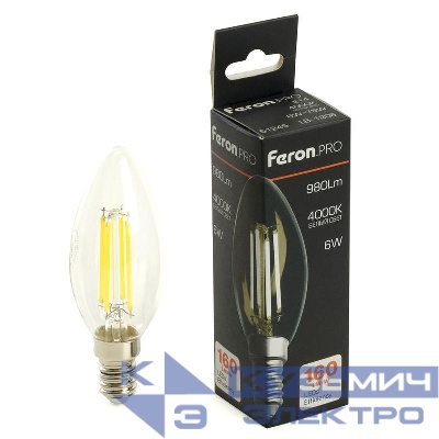 Лампа светодиодная LB-1206 6Вт C35 свеча прозрачная 4000К E14 980лм 175-265В FERON 51245