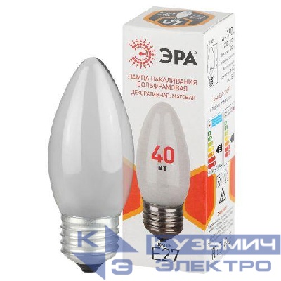 Лампа накаливания B36 40Вт свеча матовая E27/E27 230В Эра Б0066400