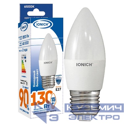 Лампа светодиодная C37 15Вт свеча 6500К E27 230В IONICH 1903