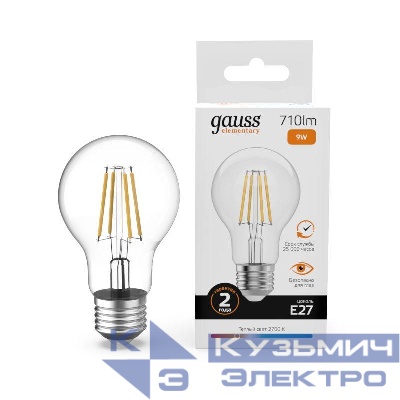 Лампа светодиодная филаментная Filament Elementary А60 9Вт 2700К Е27 710лм GAUSS 22219
