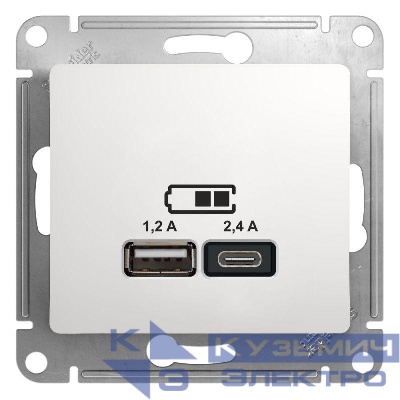 Розетка USB Glossa тип A+C 5В/2.4А 2х5В/1.2А механизм бел. SE GSL000139