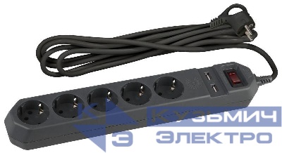Удлинитель с сетевым фильтром 5х1.5м с заземл. 10А IP20 2хUSB ПВС 3х0.75 с выкл. черн. Эра Б0019036