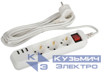 Удлинитель электрический U-3es-5m-USB с заземлением с выключателем 3 розетки+ 3xUSBA 5м 10А Эра Б0052902