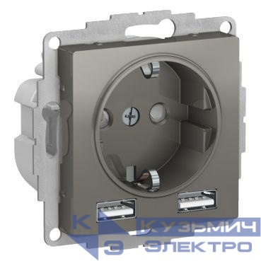 Розетка 1-м СП AtlasDesign 16А IP20 с 2-мя заряд. устройствами USB тип A+A 5В/2.4А 2х5В/1.2А механизм сталь SE ATN000930