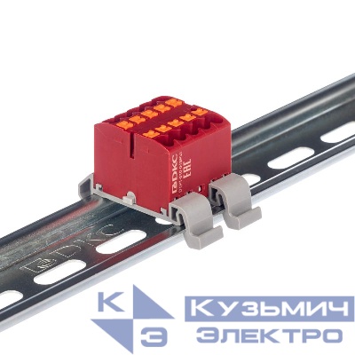 Блок распределительный с горизонт. адаптером на рейку шир. 35мм зажим push-in 10 точек подключения 2.5кв.мм красн. DKC DTP1-010-04SPUR-H