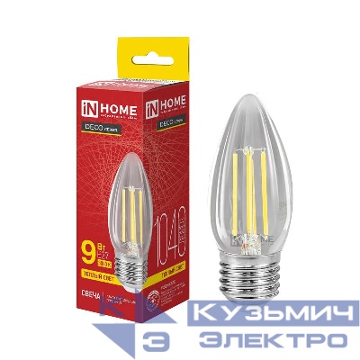 Лампа светодиодная LED-СВЕЧА-deco 9Вт свеча прозрачная 3000К E27 1040лм 230В IN HOME 4690612063249