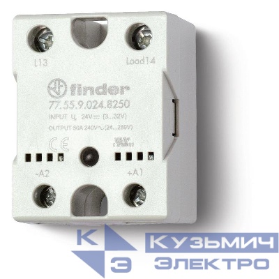 Реле твердотельное выход 50А (24…240В AC) 230В AC функция "Включ.при пересечении нуля" монтаж на панель IP20 FINDER 775582308250