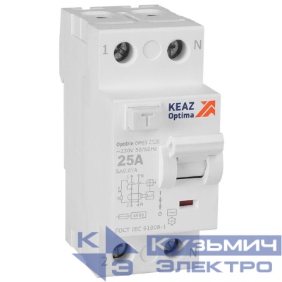 Выключатель дифференциального тока (УЗО) 2п 25А 10мА тип AC 4.5кА OptiDin DM63-2125 УХЛ4 КЭАЗ 343882