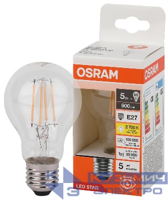 Лампа светодиодная филаментная LSCLA60 5W/827 230VFILCL 5Вт 2700К тепл. бел. E27 600лм A угол пучка 300град. 220-240В (замена 60Вт) прозр. стекло OSRAM 4058075683921