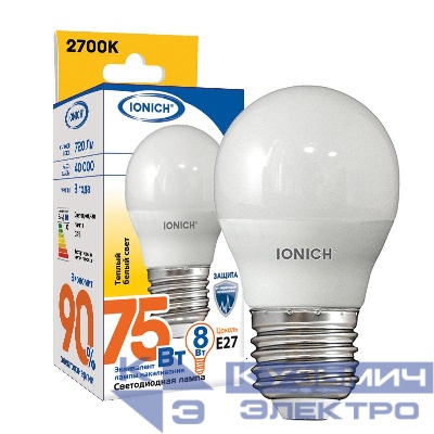 Лампа светодиодная ILED-SMD2835-G45-8-720-220-2.7-E27 (1319) IONICH 1544