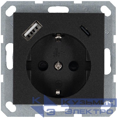 Розетка Shuko 16А с заземл. защ. шторки с 2-мя заряд. устройствами USB тип A+C 25Вт механизм антрацит Jasmart G5501USB-25B