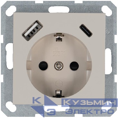 Розетка Shuko 16А с заземл. защ. шторки с 2-мя заряд. устройствами USB тип A+C 25Вт механизм тауп Jasmart G5501USB-25T