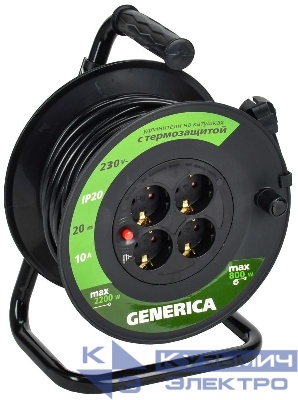 Удлинитель на катушке 4х20м 10А IP20 УК20 2P+PE 3х1 термозащита GENERICA WKP10-10-04-20-G