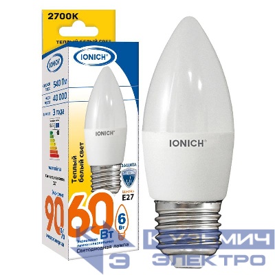 Лампа светодиодная ILED-SMD2835-C37-6-540-230-2.7-E27 C37 6Вт Свеча 2700К тепл. бел. E27 230В IONICH 1631