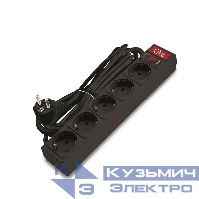 Удлинитель с сетевым фильтром 5х3м 10А IP21 ПВС 3х0.75 черн. Союз 1336