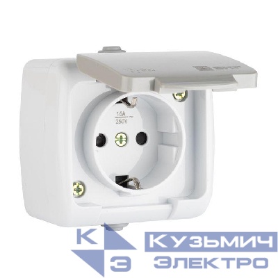 Розетка 1-м ОП Мурманск 16А IP54 с заземл. защ. шторки с крышкой сер. EKF EFR16-029-30-54