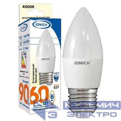 Лампа светодиодная ILED-SMD2835-C37-6-540-220-4-E27 (0162) IONICH 1532