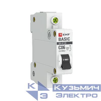 Выключатель автоматический модульный 1п C 6А 4.5кА ВА 47-29 Basic EKF mcb4729-1-06C
