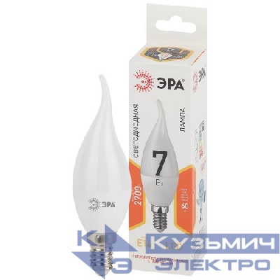 Лампа светодиодная BXS-7w-827-E14 свеча на ветру 560лм ЭРА Б0028482
