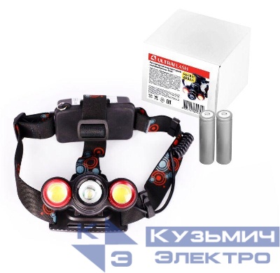 Фонарь налобный аккумуляторный LED5338 3.7В 3LED 5Вт фокус 2 ак. 4 реж. USB бокс черн. Ultraflash 15032