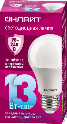 Лампа светодиодная 90 402 OLL-A60-13-230-6.5K-E27 13Вт грушевидная 6500К E27 90-240В PRO ОНЛАЙТ 90402
