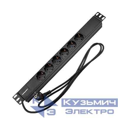 Блок распределения питания PDU 6 розеток СЕЕ 7/4 Schuko 16А без выкл. вилка СЕЕ 7/7 горизонт. шнур 2м корпус алюм. Rexant 04-0101-1