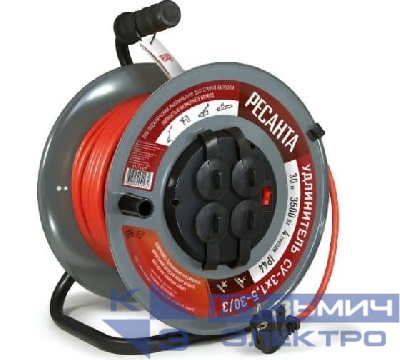 Удлинитель на метал. катушке 4х30м IP44 СУ-3х1.5-30/3 с выкл. Ресанта 61/118/7