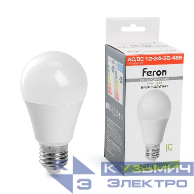 Лампа светодиодная LB-194 15Вт A60 грушевидная 4000К E27 12-48В изковольтная FERON 48730